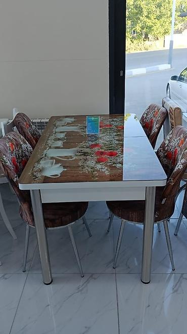 ikea stol: Şüşə səthli mətbəx/qonaq otağı masası və 6 ədəd stul dəsti. - Masa — 1