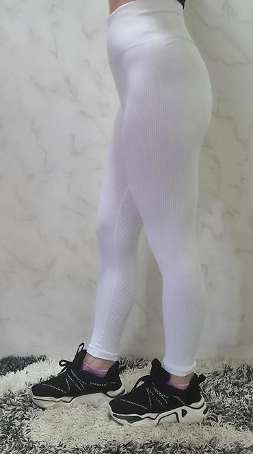 Helanke, biciklistički šortsevi: Ženske bele rebraste helanke – visok struk - Model: bešavne helanke — 4