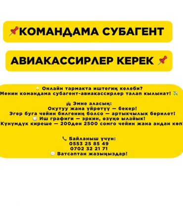 курсы java: 📌КОМАНДАМА СУБАГЕНТ АВИАКАССИРЛЕР КЕРЕК 📌 Онлайн тармакта иштегин
