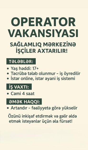 qarabağ iş elanları: Operator vakansi̇yasi sağlamliq mərkəzi̇nə i̇şçi̇lər axtarilir!