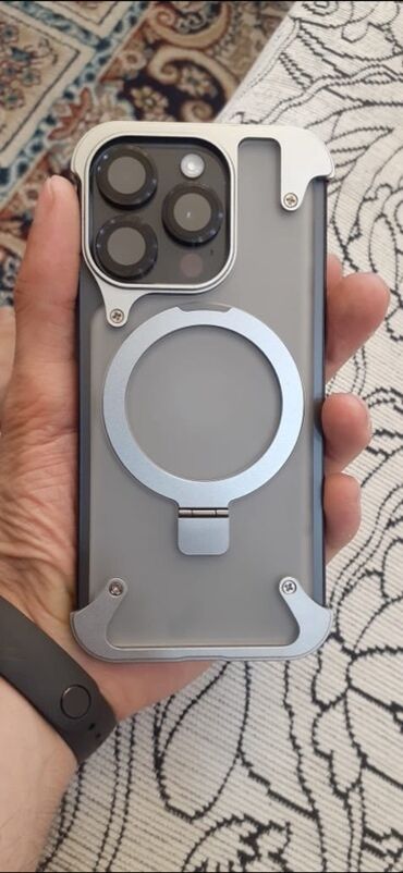 Kabrolar: IPhone 15 pro üçün zərbəyə davamlı, metal kənarlı, maqnit halqalı, boz
