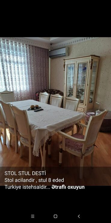 stol satılır: Для гостиной, Б/у, Раскладной, Прямоугольный стол, 8 стульев, Турция