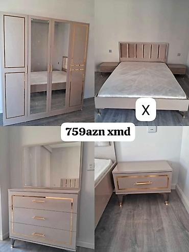 hamam kranti: Yataq otağı dəsti - Rəng: açıq bej, qızılı dekor xəttləri və — 1