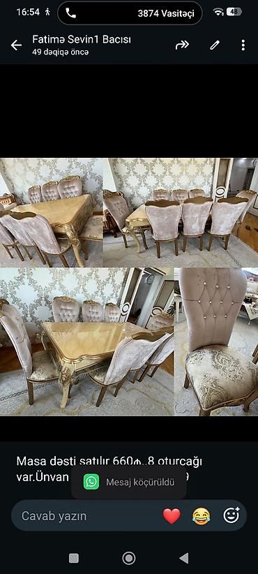 Masa dəsti satılır 660₼. 8 oturcağı var.Ünvan razin. 1255. Fatimə99 lalafo.az -da Masa dəsti satılır 660₼. 8 oturcağı var.Ünvan razin. 1255. Fatimə99