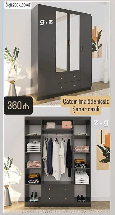 asilqan: 3 qapılı paltar şkafı – güzgülü, qara rəng Ölçü: 200×160×47 sm Qiymət — 1