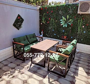 Bağ, çöl mebeli: Metall karkaslı bağ-kafe dəsti - Tərkib: 1 stol + 2 ikiyerli kreslo — 3