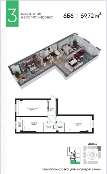 жер там квартиру: 3 комнаты, 70 м², Элитка, 5 этаж, ПСО (под самоотделку)
