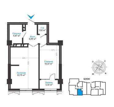 ижарага квартира керек нарын: 1 комната, 54 м², Элитка, 13 этаж, ПСО (под самоотделку)