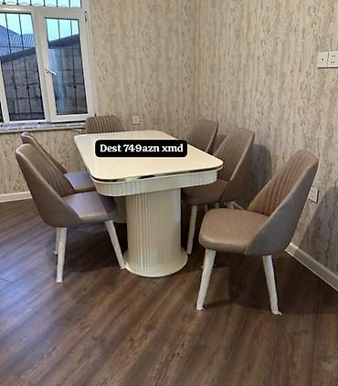 Yemək otağı dəsti - Komplekt: 1 masa + 6 stul - Masa: açıq krem