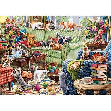 vaze yisk: Puzzle 1500 elemenata – motiv razigranih mačića u dnevnoj sobi Opis — 1