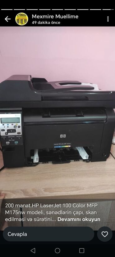 en ucuz hp notebook: 190 manat.HP LaserJet 100 Color MFP M175nw modeli, sənədlərin çapı