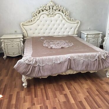шкафы для одежды: Спальный гарнитур, Двуспальная кровать, МДФ, цвет - Белый
