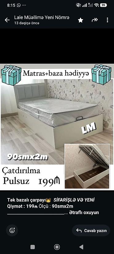 teze mebeller: *Tək bazalı çarpayı*👑 _*SİFARİŞLƏ VƏ YENİ*_ *Qiymət : 199₼* Ölçü  — 3