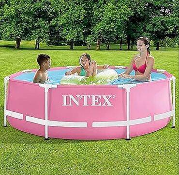 Бассейны: Круглый бассейн Intex розового цвета с белым металлическим каркасом