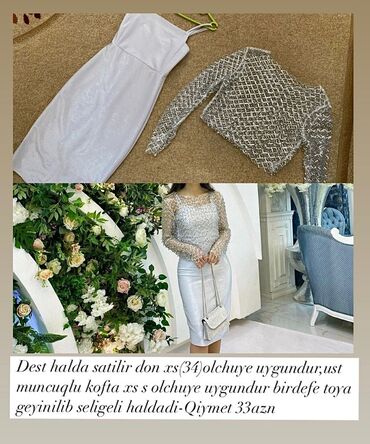 Dəstlər, kostyumlar: Dest halda satilir. 34 (xs) olcuye uygundur.Bur dəfə toya geyinilib