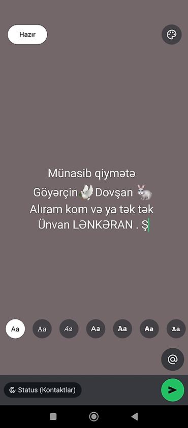 col quşu: Münasib qiymətə göyərçin və dovşan alınır. Toplu şəkildə (kom) və ya — 1