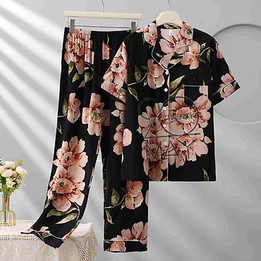 Пижамы: Женский комплект пижамы с коротким и длинным рукавом, брюки + рубашка — 1