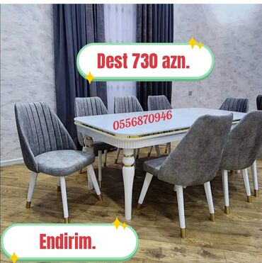 Masa və oturacaq dəstləri: Qonaq otağı üçün, Yeni, Açılmayan, Dördbucaq masa, 6 stul — 8