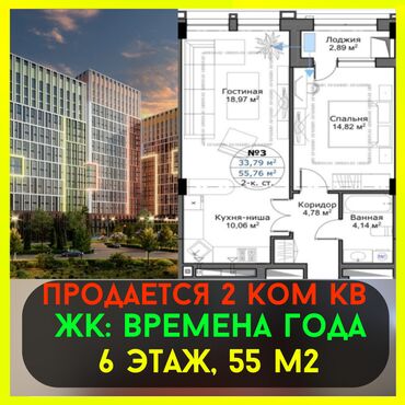 Продажа квартир: 2 комнаты, 55 м², Элитка, 6 этаж, ПСО (под самоотделку)