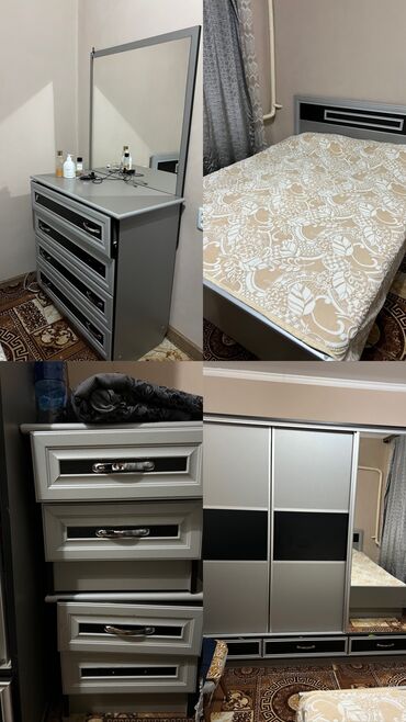 Мебель: Спальный гарнитур, Двуспальная кровать, Шкаф, Комод, цвет - Серый