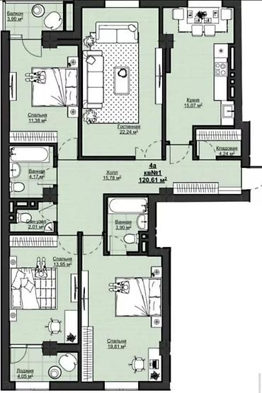 комнаты ыссык куль: 4 комнаты, 120 м², Элитка, 13 этаж, ПСО (под самоотделку) — 2