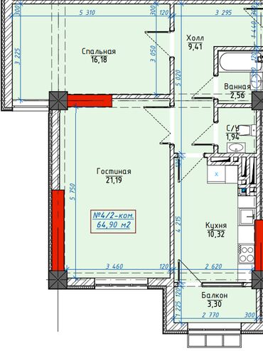 Продажа квартир: 2 комнаты, 66 м², Элитка, 14 этаж, ПСО (под самоотделку)