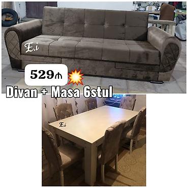 masa və stullar: Divan + Masa, 6 stul dəsti - Dəst tərkibi: 1 rahat divan, 1 yemək — 1