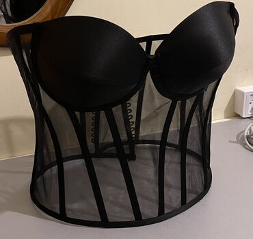 атласные сорочки ночные: Qara mesh bustier/korset top - Rəng: qara - Dizayn: Push-up/kepkikli