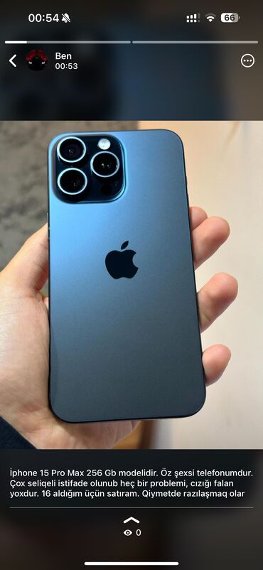 en ucuz telefon ayfon: IPhone 15 Pro Max, 256 GB, Blue Titanium, Zəmanət, Barmaq izi, Simsiz şarj