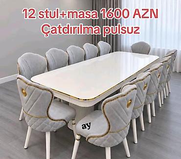 sekis masaş: 12 stul + masa dəsti • Dəst: 1 ədəd uzun yemək masasI + 12 ədəd stul — 1