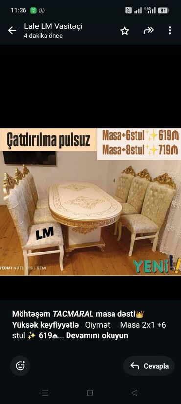 Mətbəx mebeli: *Möhtəşəm _TACMARAL_ masa dəsti*👑 *Yüksək keyfiyyətlə* Qiymət 