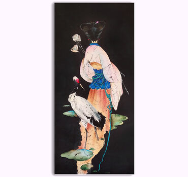 декор цветы: Картина в японском стиле на шелке в технике батик, изображающая