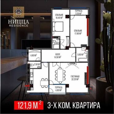 3 комнаты, 121 м², Элитка, 2 этаж, ПСО (под самоотделку)