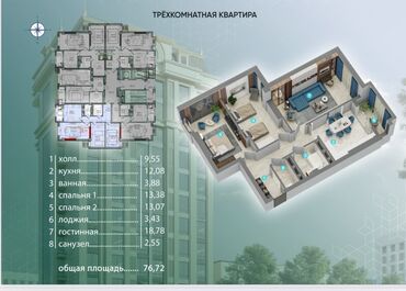 ищу квартиру в районе пишпек: 3 комнаты, 76 м²