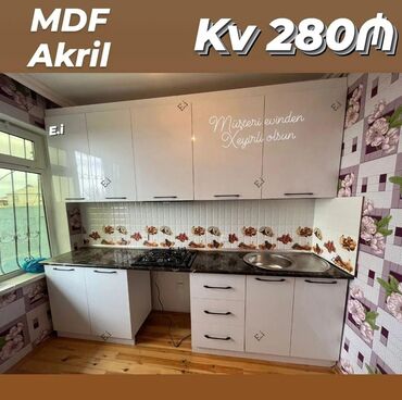 Yataq otağı dəstləri: Mətbəx mebeli – MDF Akril - Üst və alt dolablar: parlaq ağ akril MDF