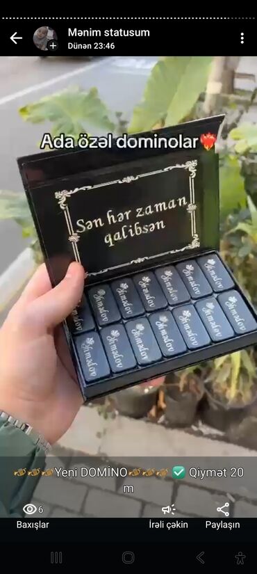 Hədiyyələr: Məhsul təsviri: - Fərdi domino dəsti – qara rəngli qutuda. Qapağın — 1