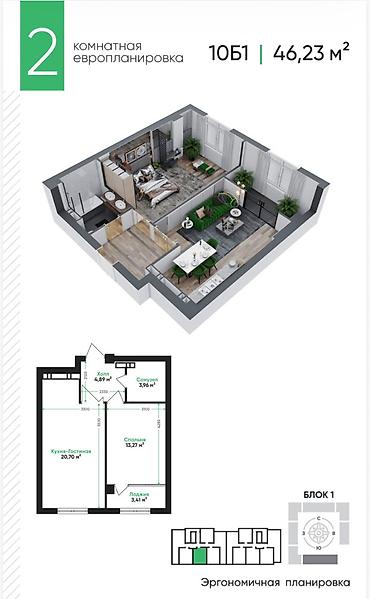 Продажа квартир: 1 комната, 47 м², АЮ Гранд Элитка, 12 этаж, ПСО (под самоотделку) — 2