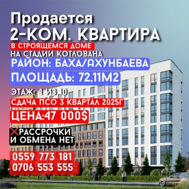 рассрочка квартира бишкек: 2 комнаты, 72 м², Элитка, 4 этаж