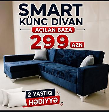 any unboxing ofis: SMART künc divan – açılan baza ilə. - Rəng: tünd göy (məxməri tekstura — 1