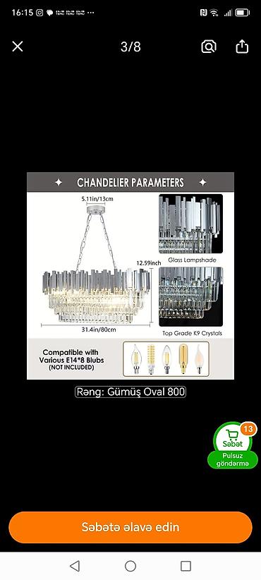 7771 ne demek: Çılçıraq, 8 lampa, Metal — 1