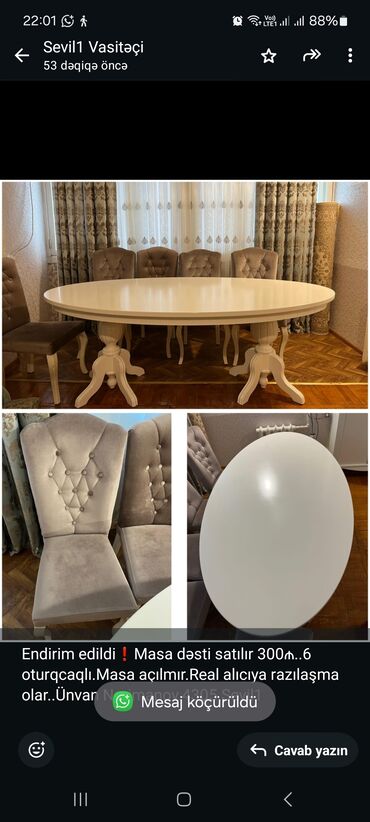 Divanlar: Qonaq otağı üçün, İşlənmiş, Oval masa, 6 stul