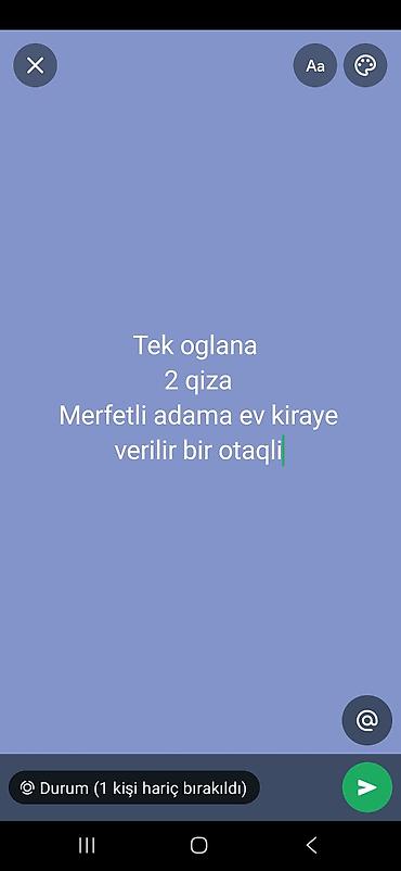 Bir otaqlı kirayə mənzil. Məlumat: - Elanda göstərildiyi kimi: tək