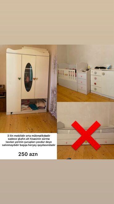 Uşaq və gənc otağı üçün dəstlər: Oğlan və qız üçün, İşlənmiş, Beşik, Dolab, 2 tumba