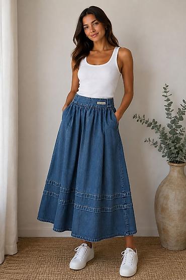 denim suknje: Džins suknja “Miami Beach” – A-kroja, srednje dužine, od čvrstog denim — 1