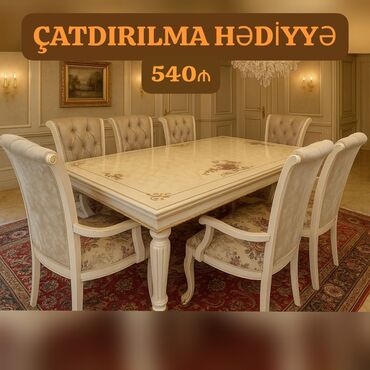 Sifarişlə mebel: Qonaq otağı üçün, İşlənmiş, Açılmayan, Dördbucaq masa, 8 stul