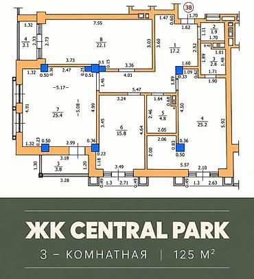3 комнаты, 125 м², Ала-Арча ТРЦ Элитка, 7 этаж, ПСО (под самоотделку)
