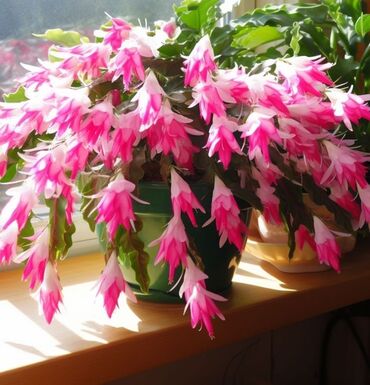 Другие комнатные растения: Цветущий декабрист (Schlumbergera) в зеленом горшке. Этот