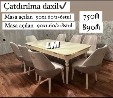 Masa və oturacaq dəstləri: Qonaq otağı üçün, Yeni, Açılan, Dördbucaq masa, 6 stul