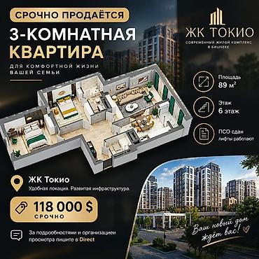 дома на иссык куле: 3 комнаты, 89 м², Элитка, 6 этаж, ПСО (под самоотделку) — 1