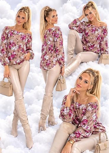 bluze sa golim ramenima: Ženska bluza sa cvetnim printom – bež osnova sa ružičasto-belim — 2